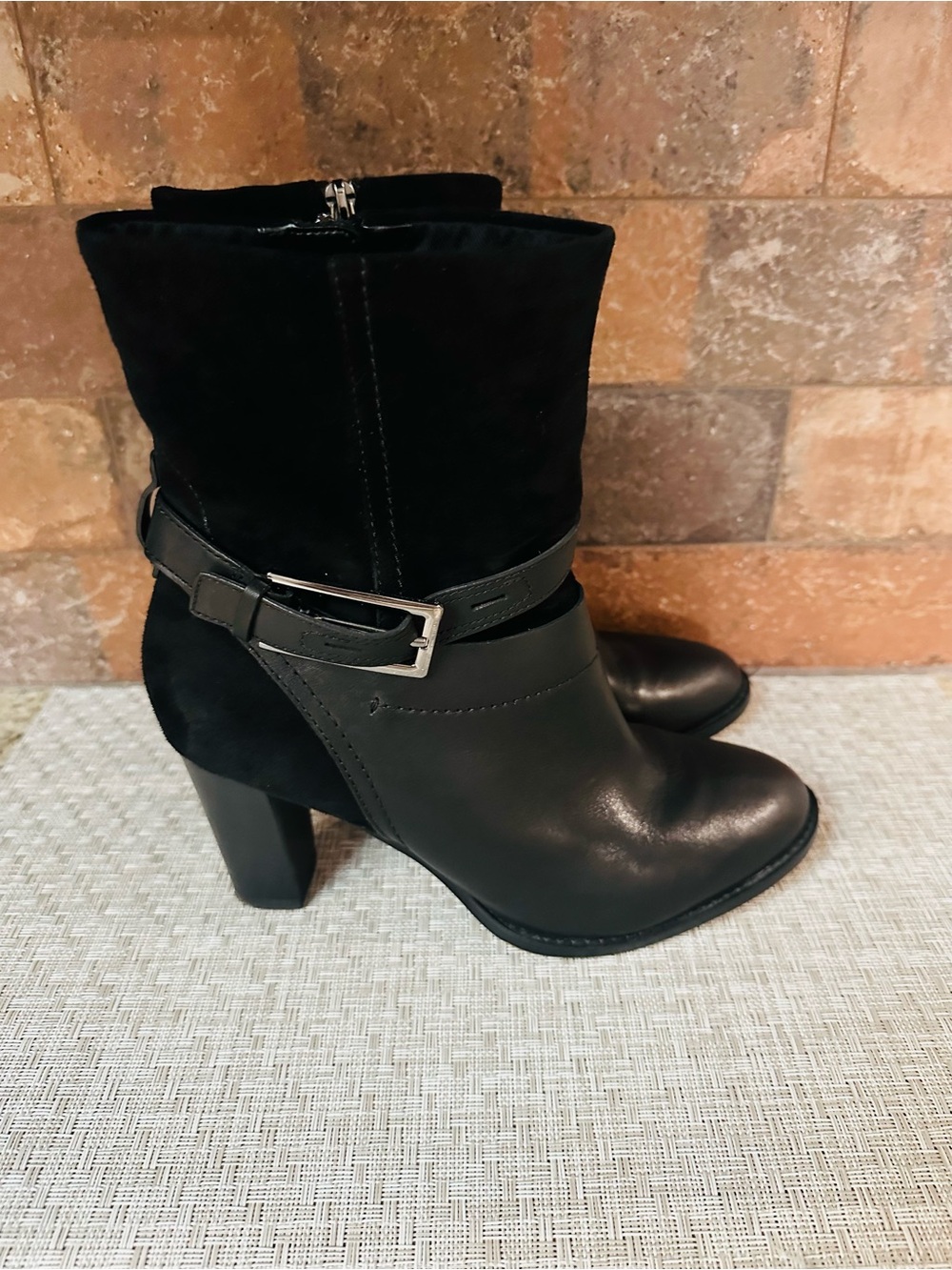 Clarks Black Leather and Suede Mid-Calf Buckle Heel Boots